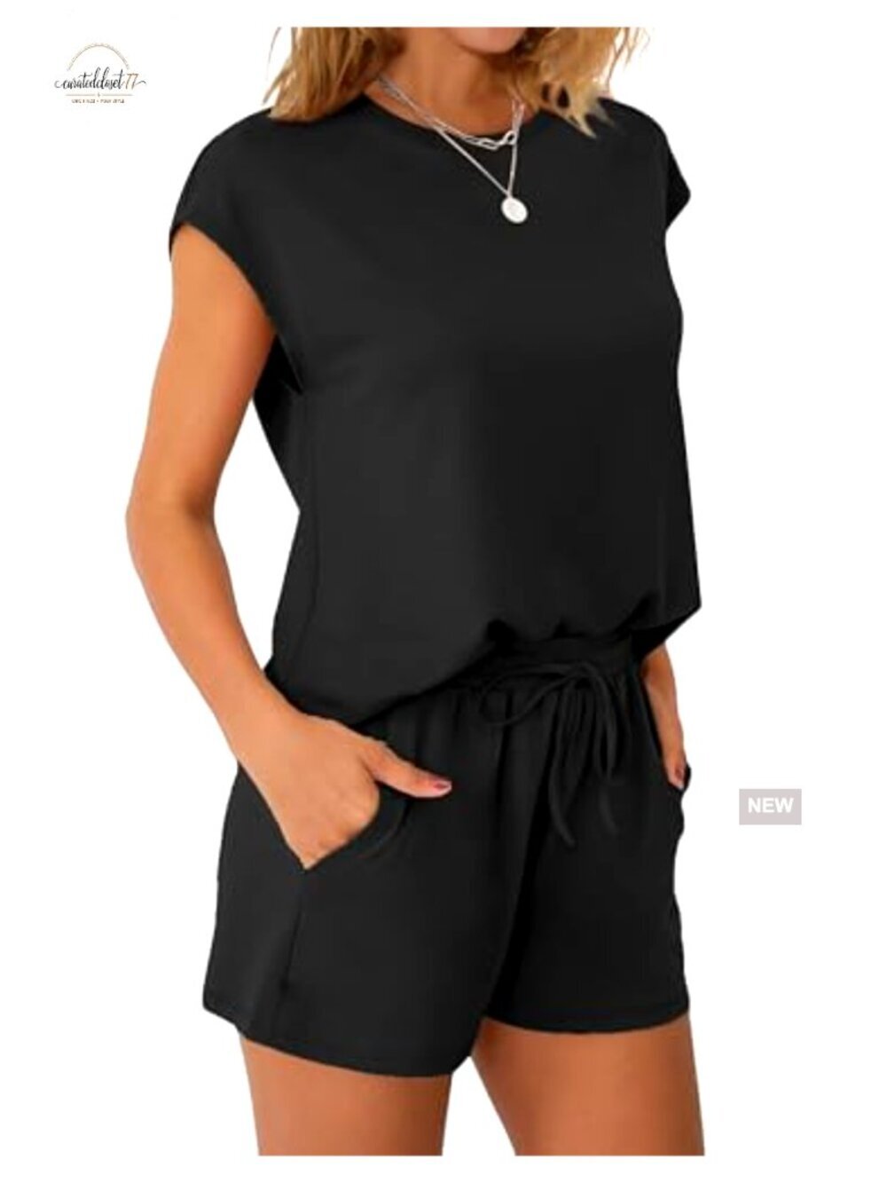 Medium Polyester Blend Lounge Set with Pockets, Cap Sleeve Top & Shorts - Picture 3 of 7